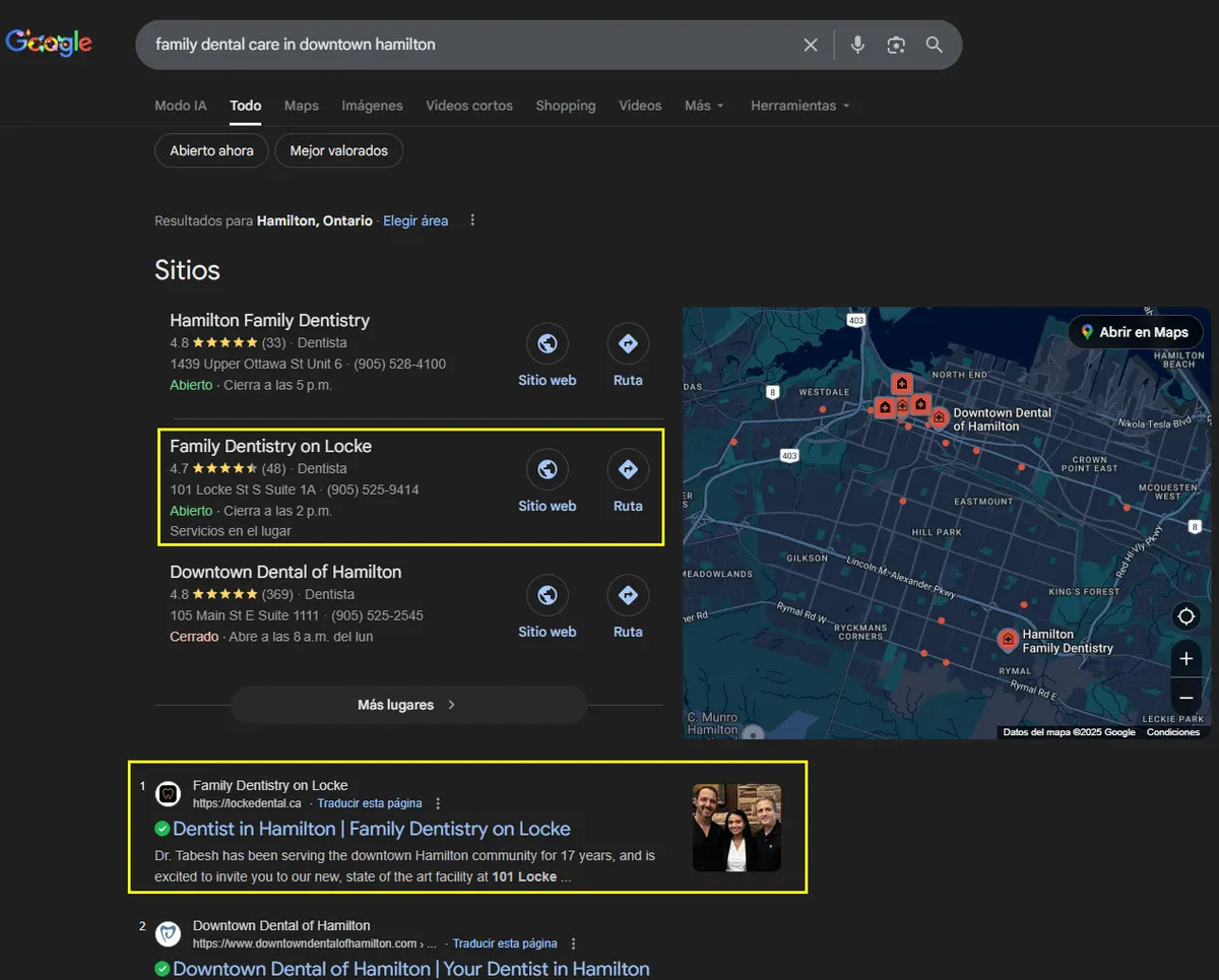 Hamilton family dental practice ranking first on Google Maps for neighborhood dental searches