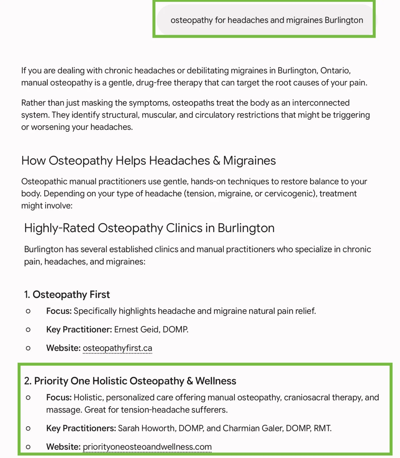 Google AI Overview naming the Burlington osteopath among the top practitioners in her city