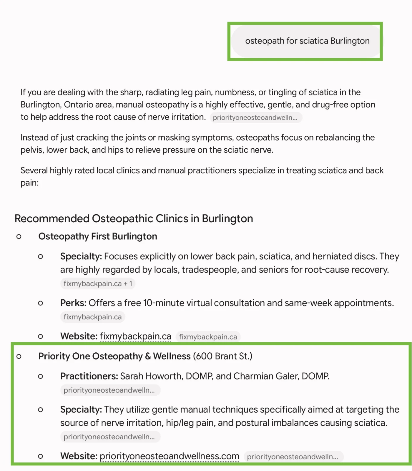 ChatGPT citing the Burlington osteopathy clinic for condition level patient questions